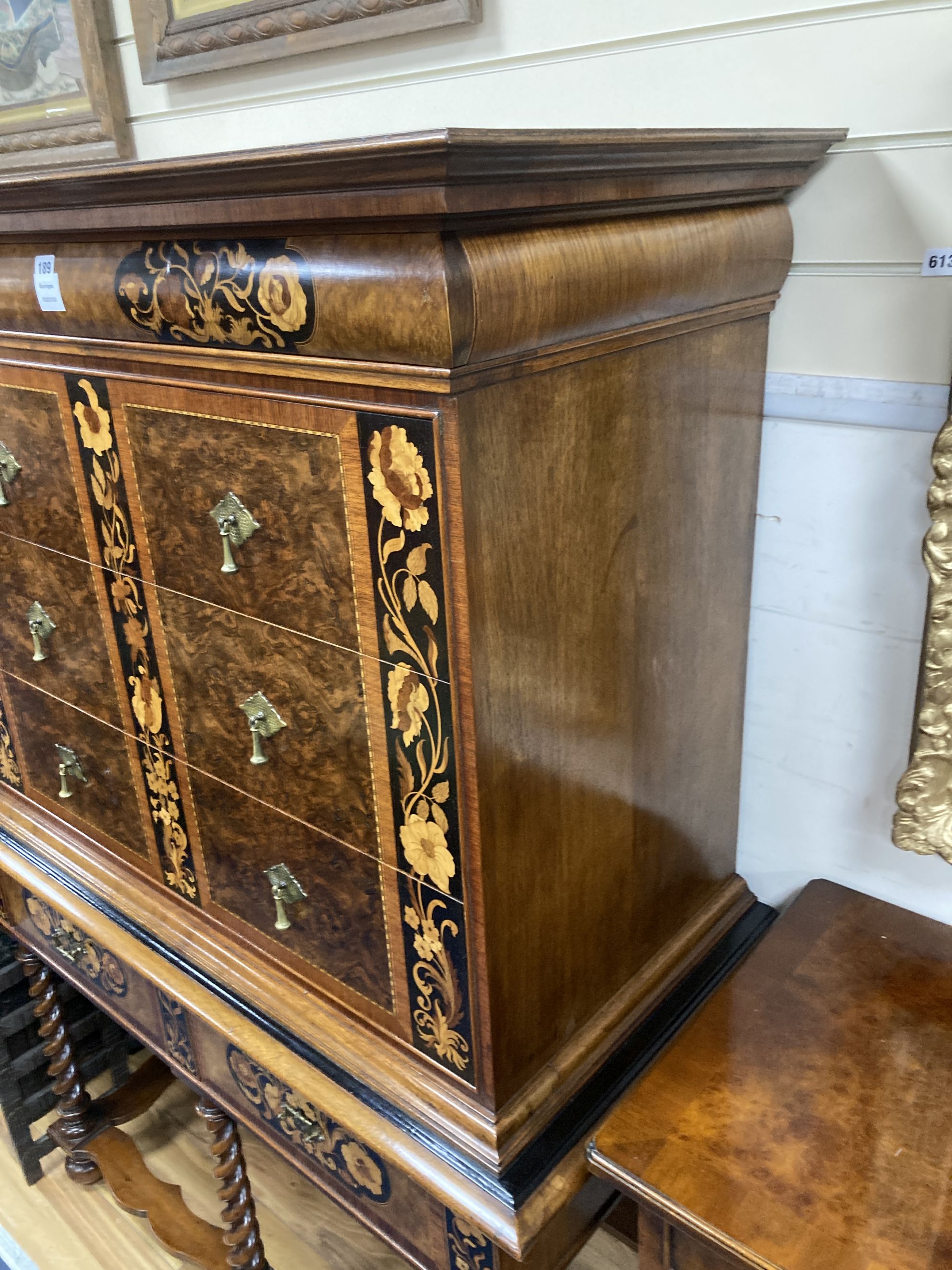 An 18th century style Dutch marquetry inlaid burr walnut chest on stand, width 108cm, depth 51cm, height 153cm
